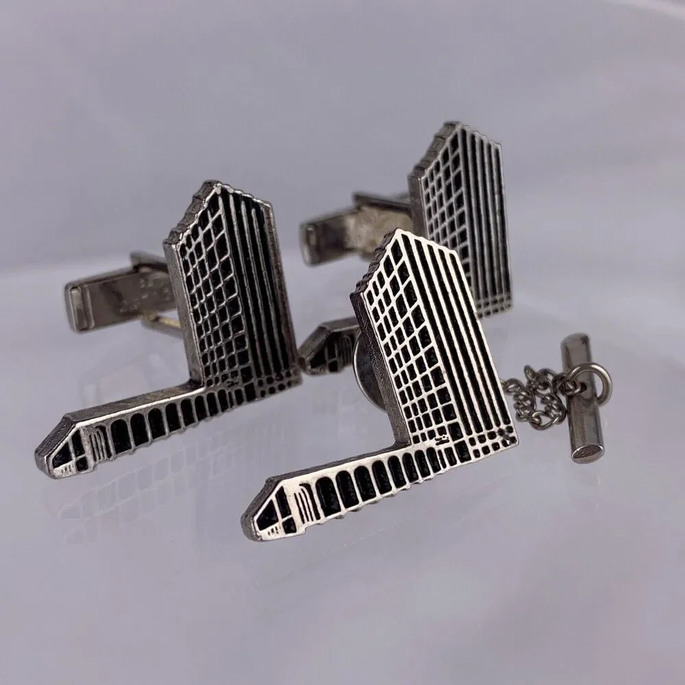 Architecture Office Building Silver Tone Cufflinks & Tie Pin Tower Vintage K1